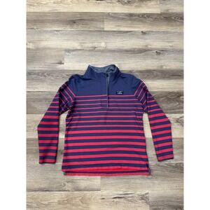 LL Bean Mens Navy Red Striped Button Mock Neck rugby Sweatshirt M 501241